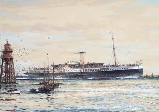 The paddle steamer Crested Eagle running down the Thames Estuary, her deck crowded with passengers